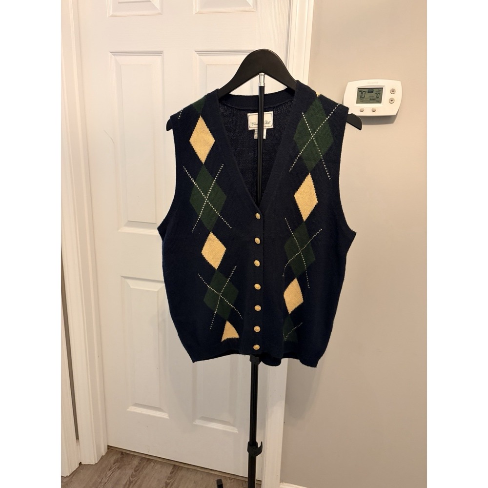 80s Chandler Hill Argyle Sweater Vest M Navy Green Yellow Gold Buttons Grandpa
